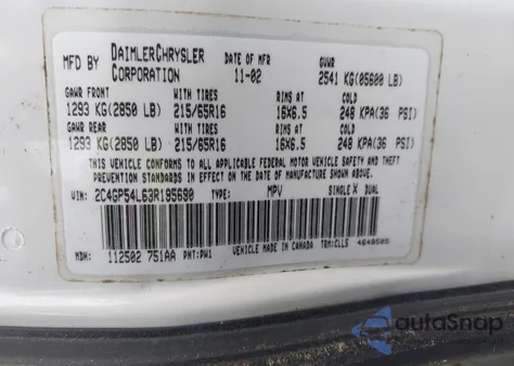 2003 Chrysler Town & Country Lxi from USA, damaged, VIN 2C4GP54L63R195690